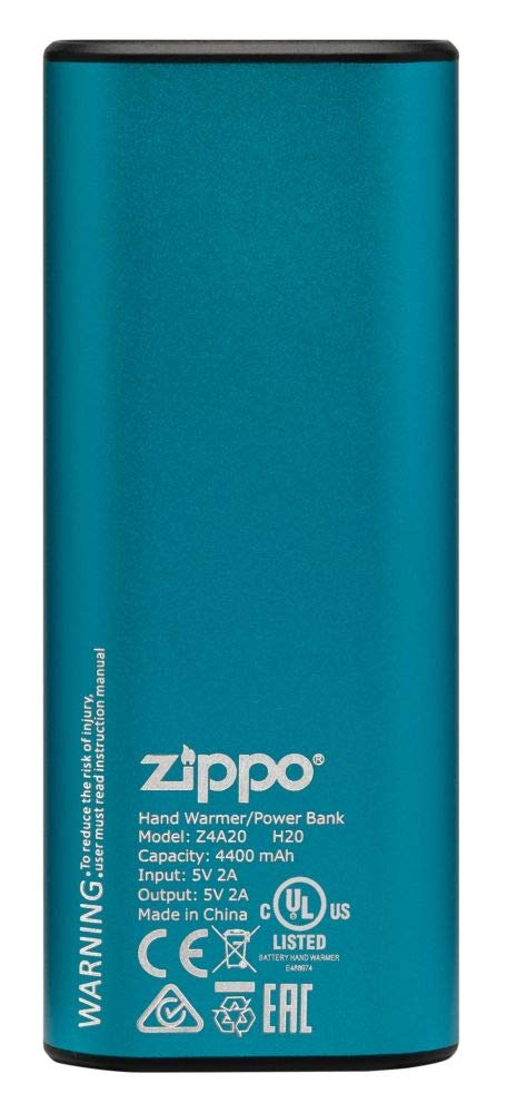 Zippo Blue HeatBank 6 charging cable connected demonstrates USB power bank capability.