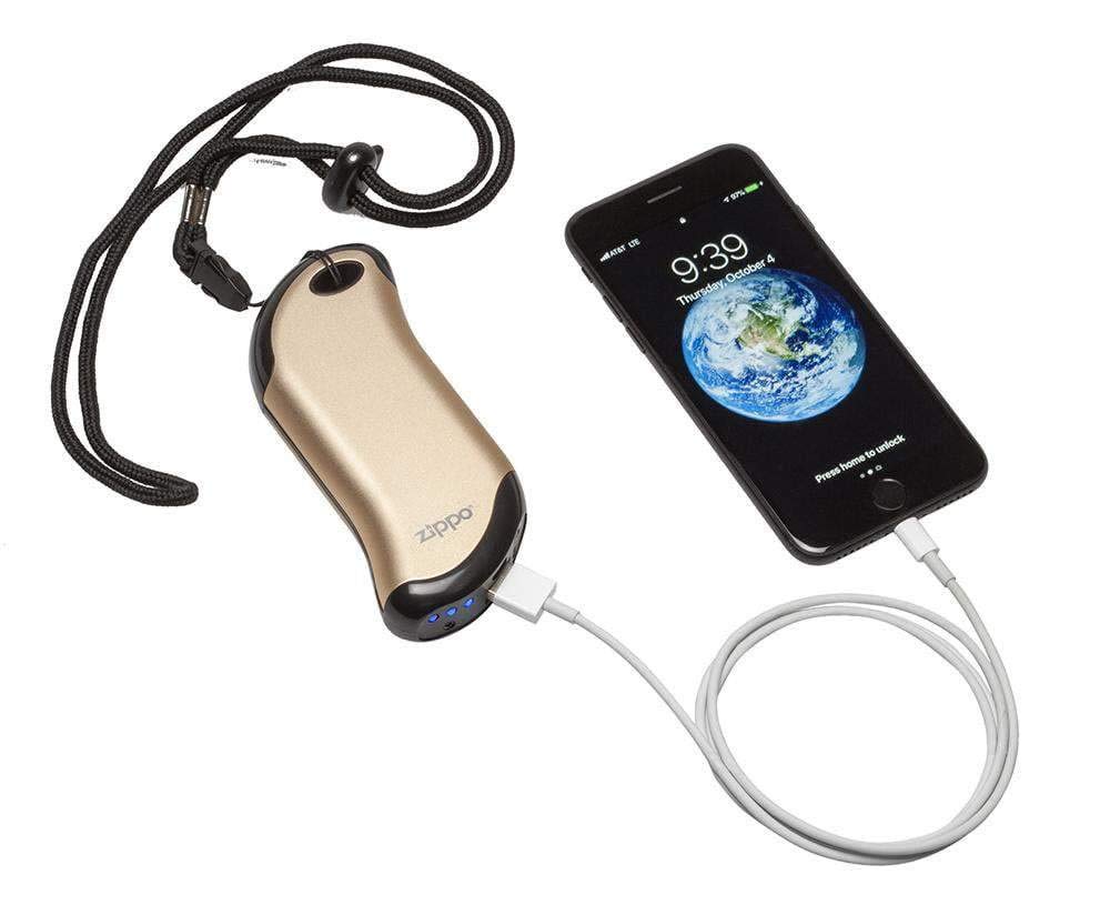 Zippo Champagne HeatBank 9s USB charging cable ready for on-the-go power.