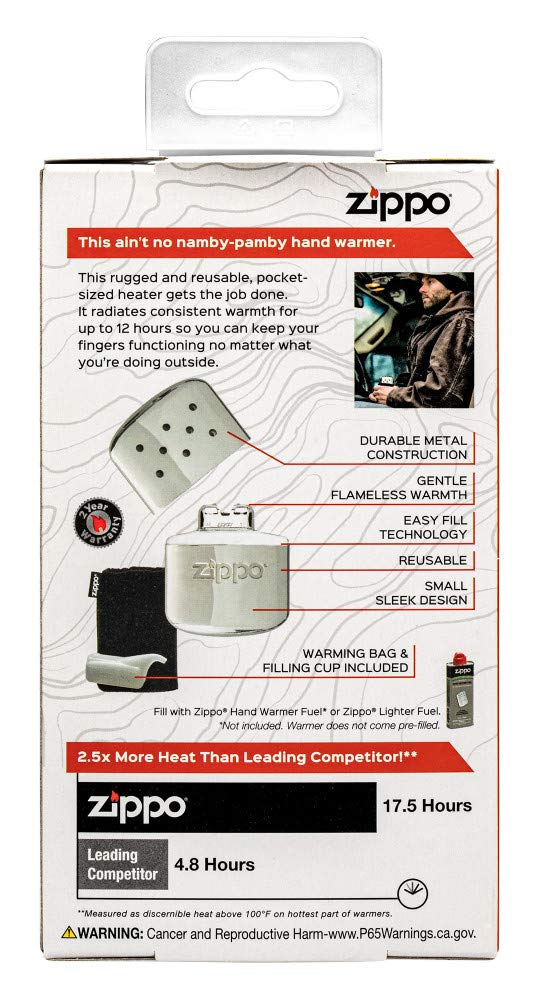 Zippo hand warmer 12-hour chrome silver flameless burner close-up shows safe heat.