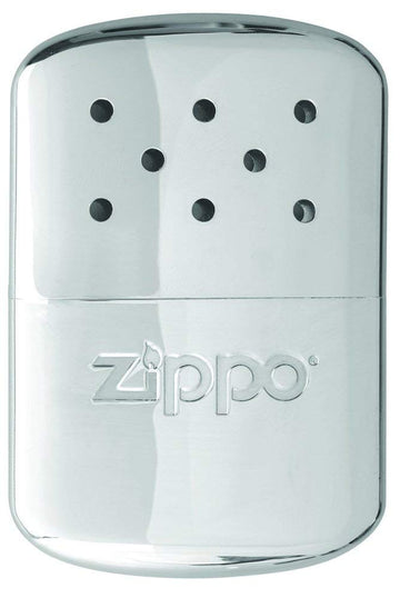 Zippo hand warmer 12-hour chrome silver front view highlights compact, portable warmth.