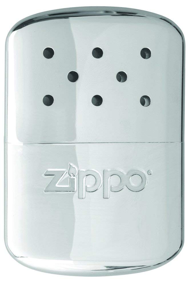 Zippo hand warmer 12-hour chrome silver front view highlights compact, portable warmth.
