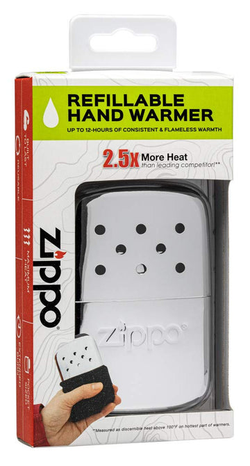 Zippo hand warmer 12-hour chrome silver fuel-fill cup detail demonstrates easy refill.