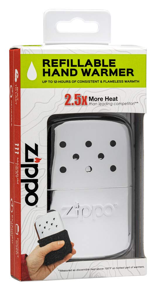 Zippo hand warmer 12-hour chrome silver fuel-fill cup detail demonstrates easy refill.