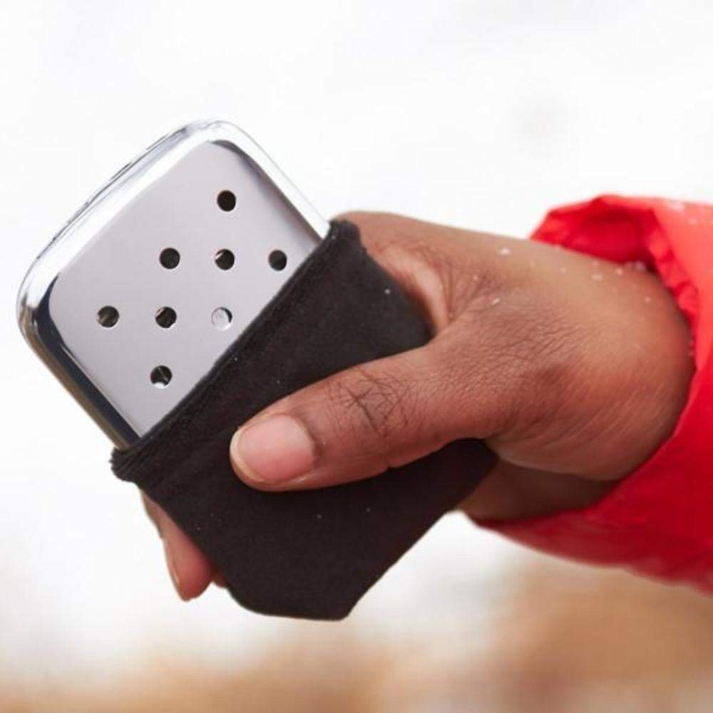 Zippo hand warmer 12-hour chrome silver packaging shows recyclable, refillable design.