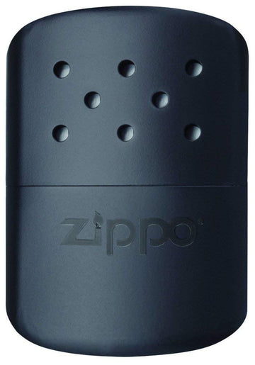 Zippo hand warmer 12-hour matte black, front view showing compact, pocket-friendly design.