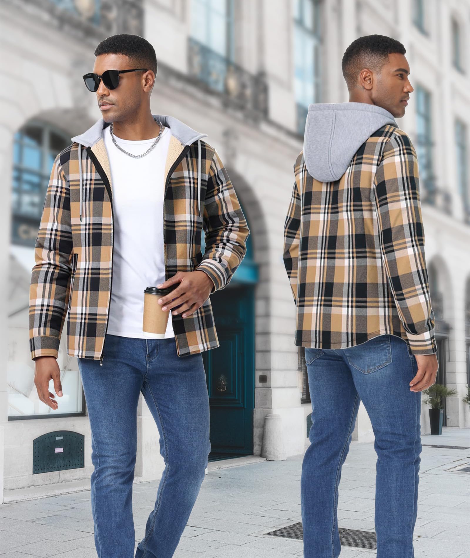 ZITY flannel jacket hooded zip-up with side pockets highlighting practical storage