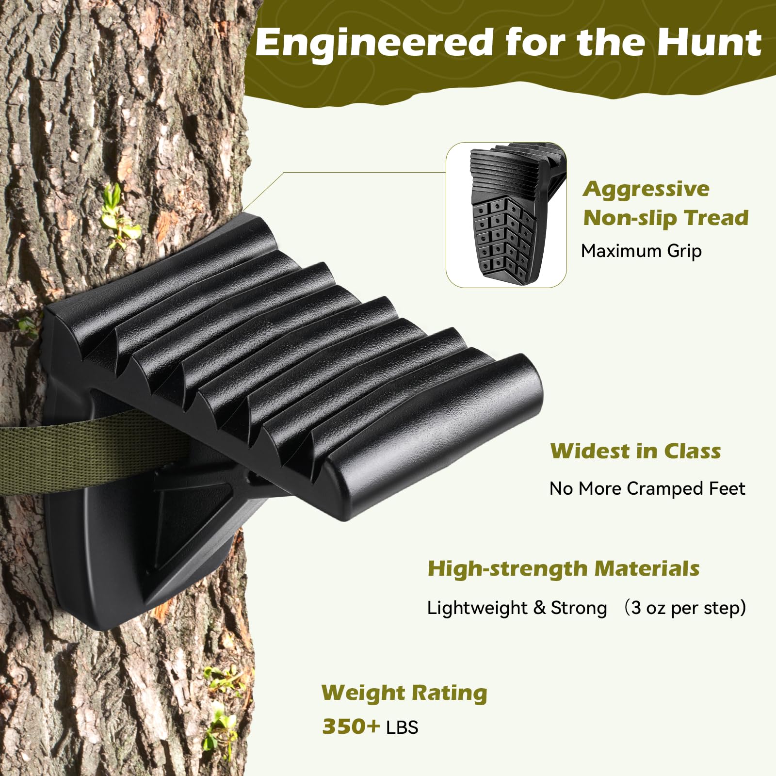 Zivoxia Saddle Steps side profile demonstrates 360° mobility around a tree