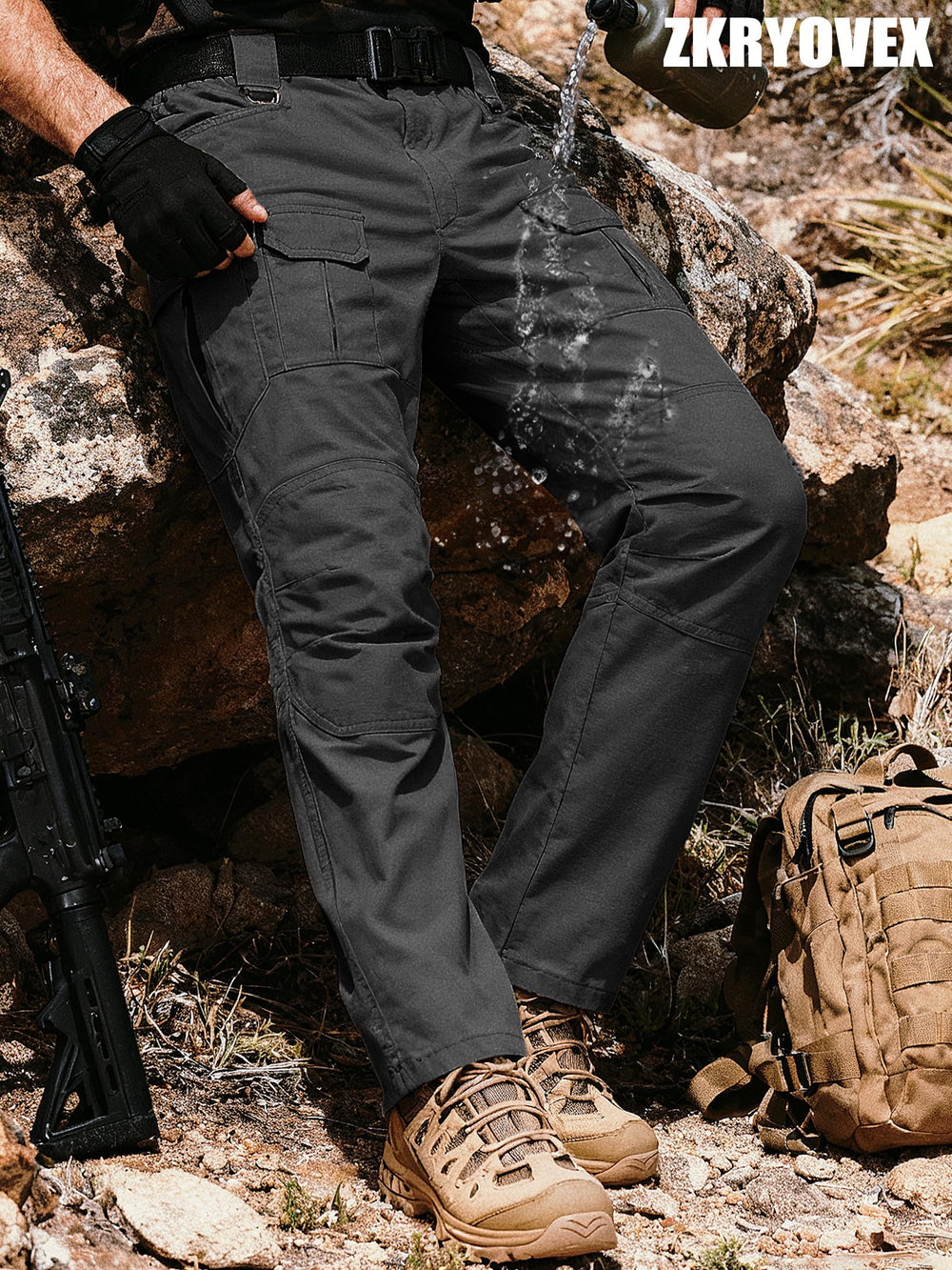ZKRYOVEX black pants pair well with tactical gear.