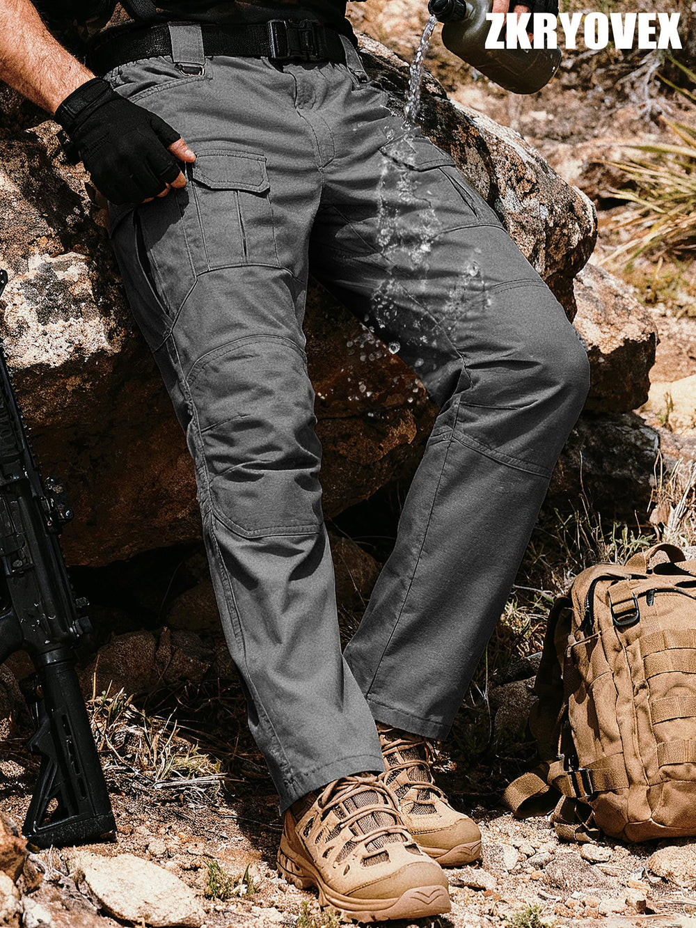 Care-ready note for ZKRYOVEX grey tactical pants supporting long-term wear.