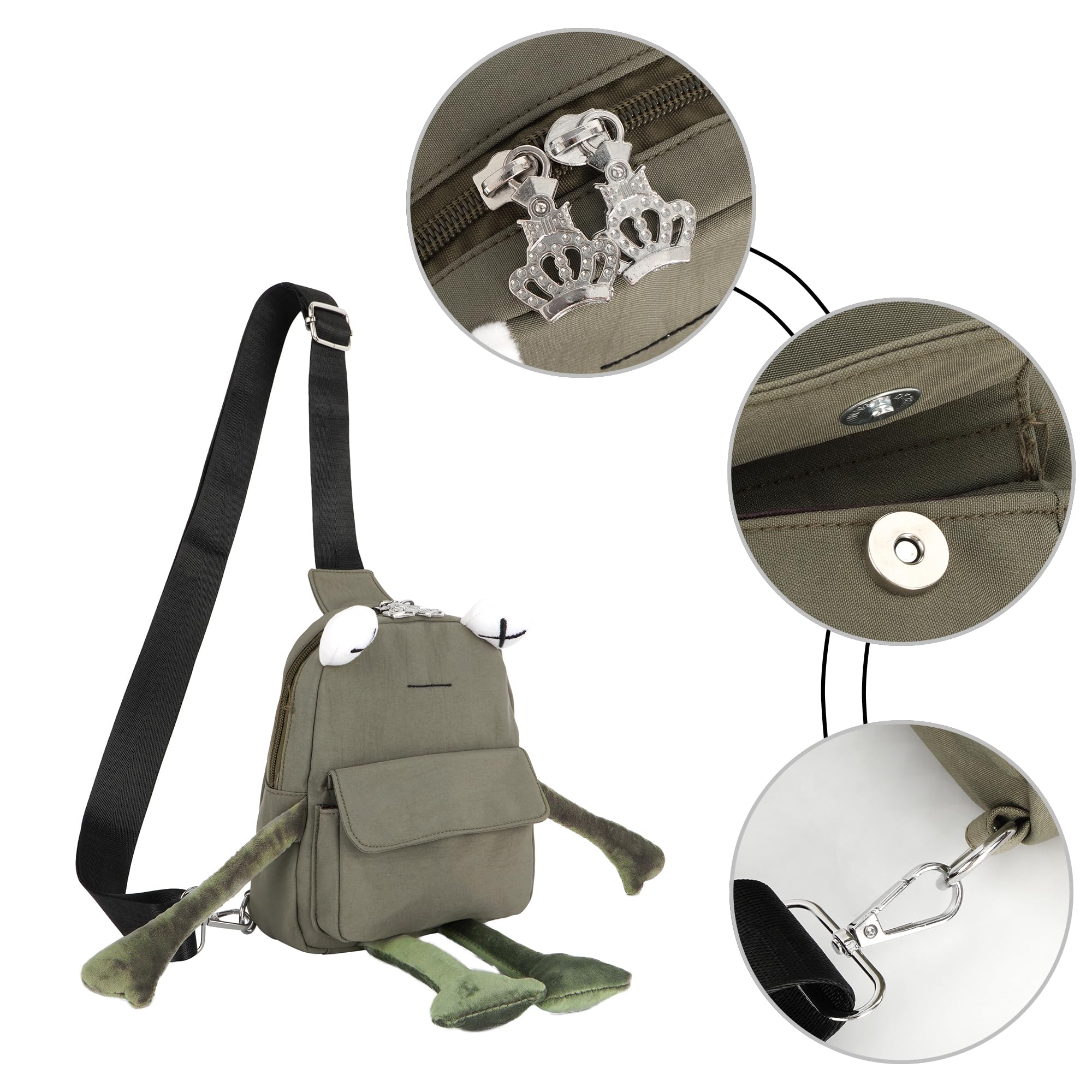 ZLM BAG US frog crossbody with durable zippers and metal fittings.