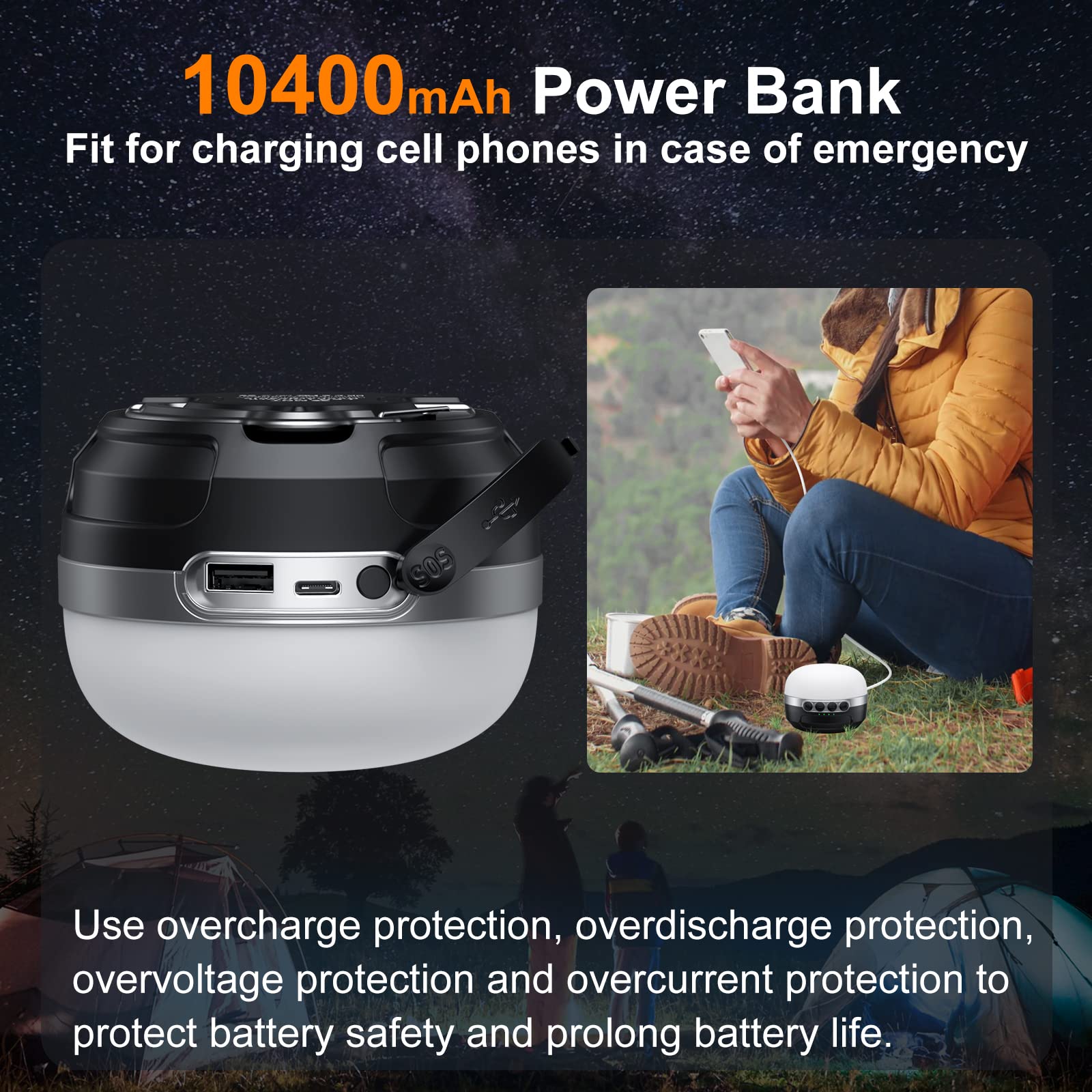 ZMNT LED camping lantern 10400mAh battery powers devices during outdoor trips.