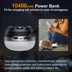 ZMNT LED camping lantern 10400mAh battery powers devices during outdoor trips.