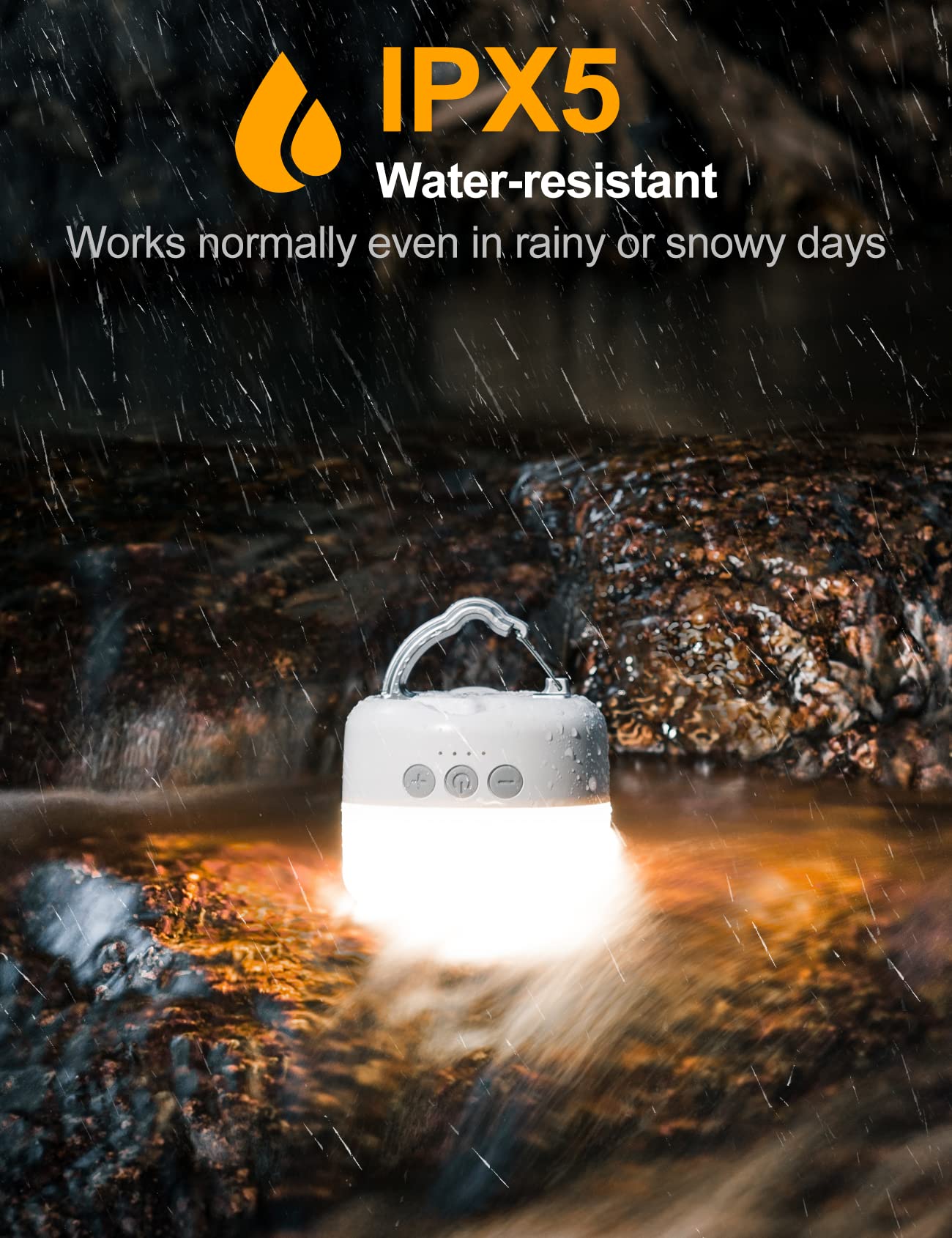 ZMNT lantern in light rain showing IPX5 weather resistance for outdoor use.
