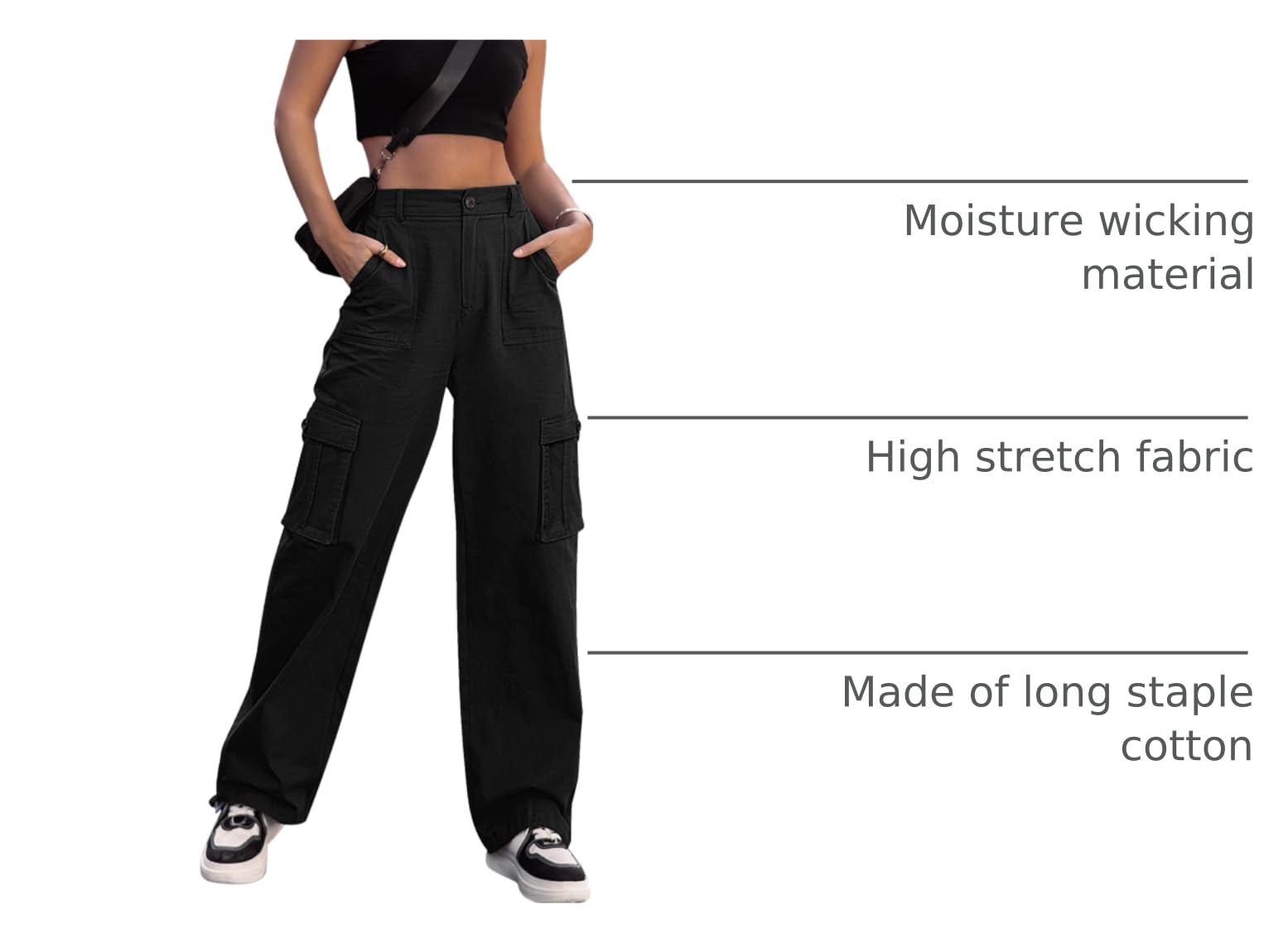 ZMPSIISA wide-leg cargo pants full-length black suitable for relaxed casual outfits.