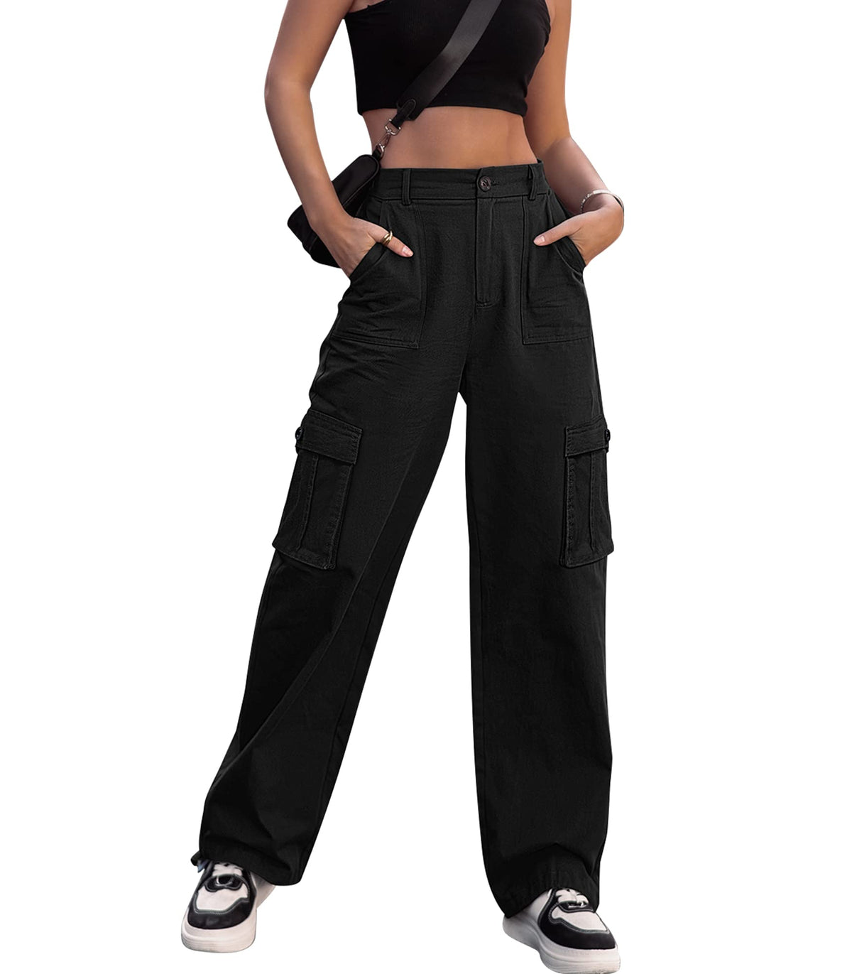ZMPSIISA women's cargo pants high waist front view in black for versatile everyday wear.