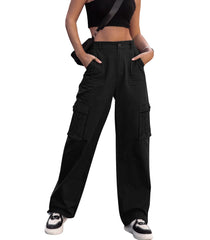 ZMPSIISA women's cargo pants high waist front view in black for versatile everyday wear.