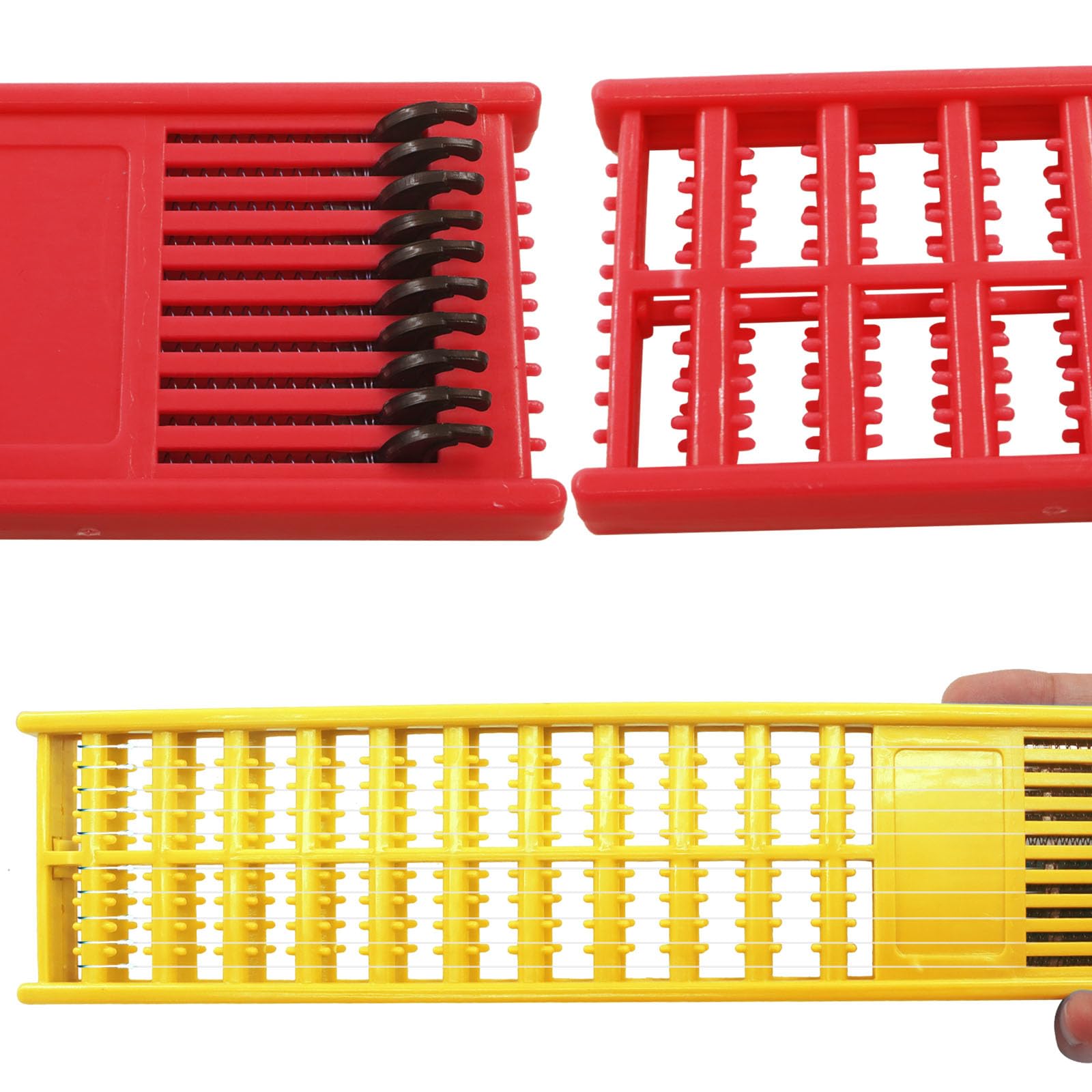 Red and yellow ZOCCVI fishing hook holders bundled together in package