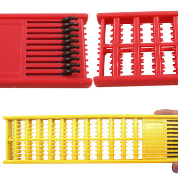 Red and yellow ZOCCVI fishing hook holders bundled together in package
