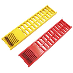 Front view of ZOCCVI dual-sided fishing hook holder in red and yellow