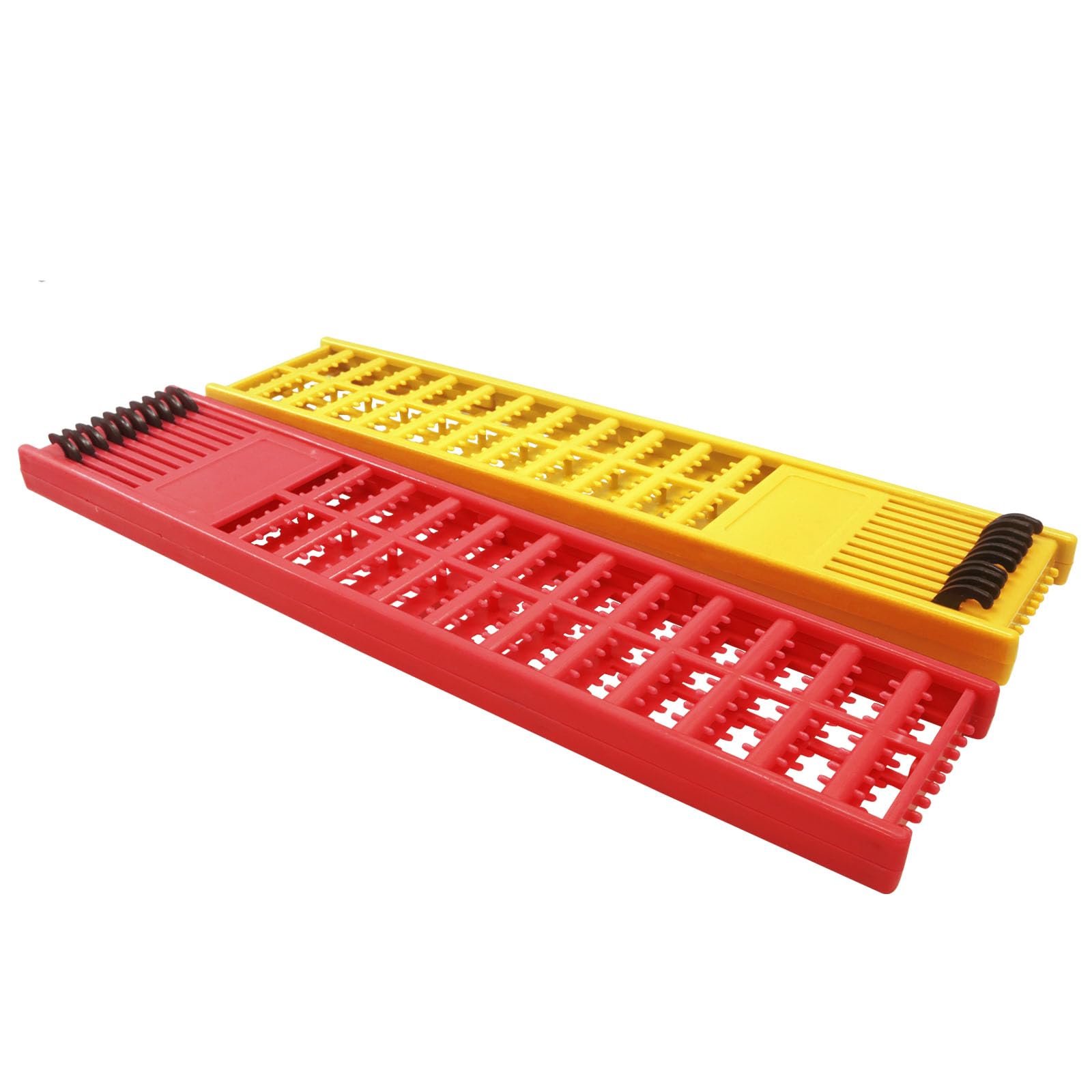 Side view highlighting dual-sided design and springs (red and yellow holders)