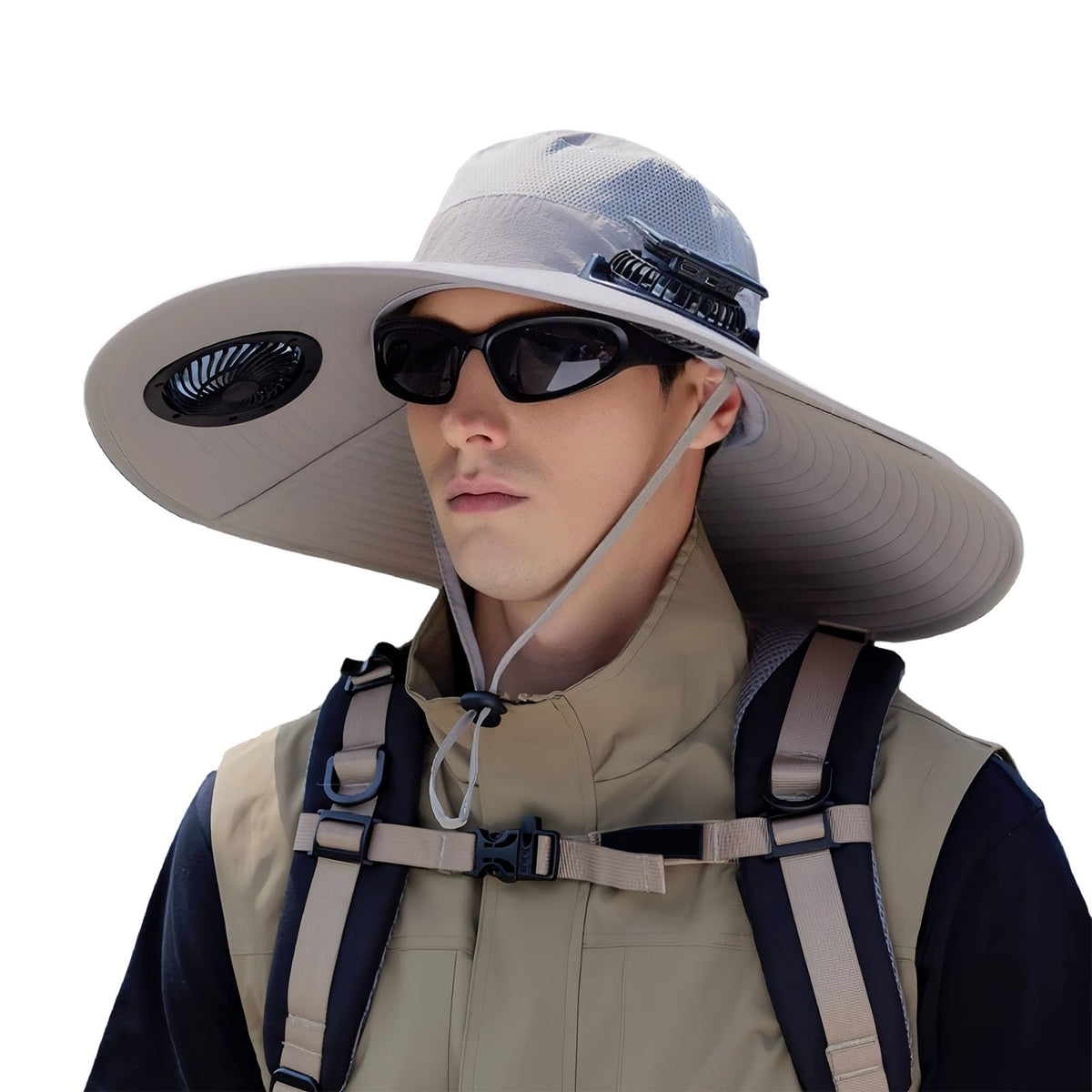 Front view of ZoeMeilil Solar Fan Hat with dual 300mAh fans