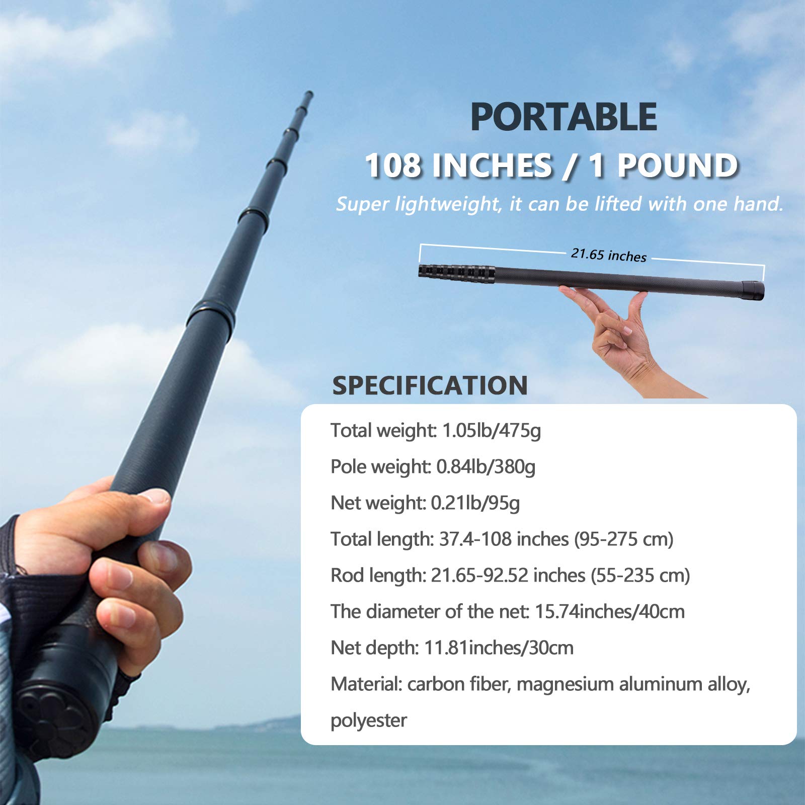 ZOINLIY telescoping handle shows adjustable length for easy casting and landing