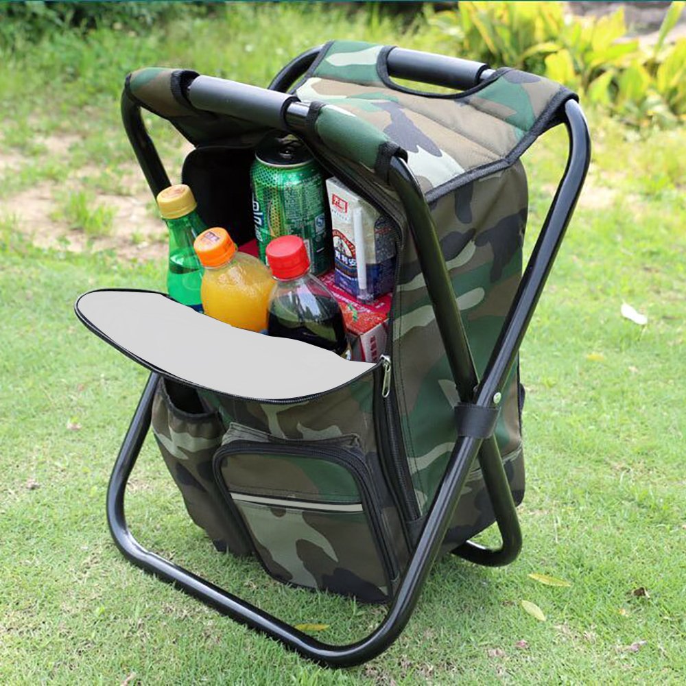 Zology backpack chair with cooler bag open, keeps drinks cool during picnics and outdoor days.