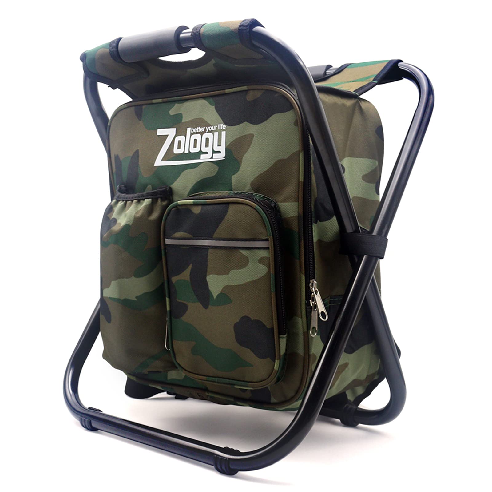 Zology folding camping chair backpack side view showing portable, lightweight seating for outdoor trips.