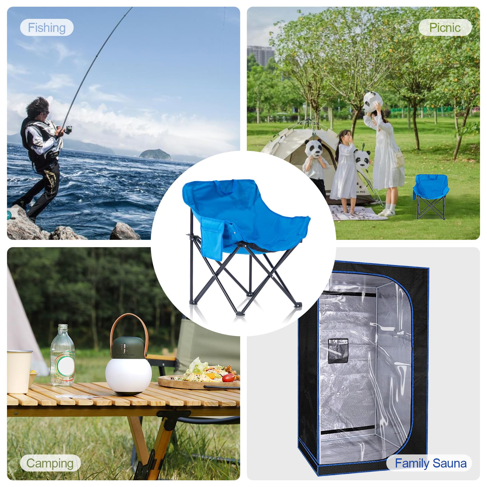 ZONEMEL user sits outdoors on the sauna chair during a picnic