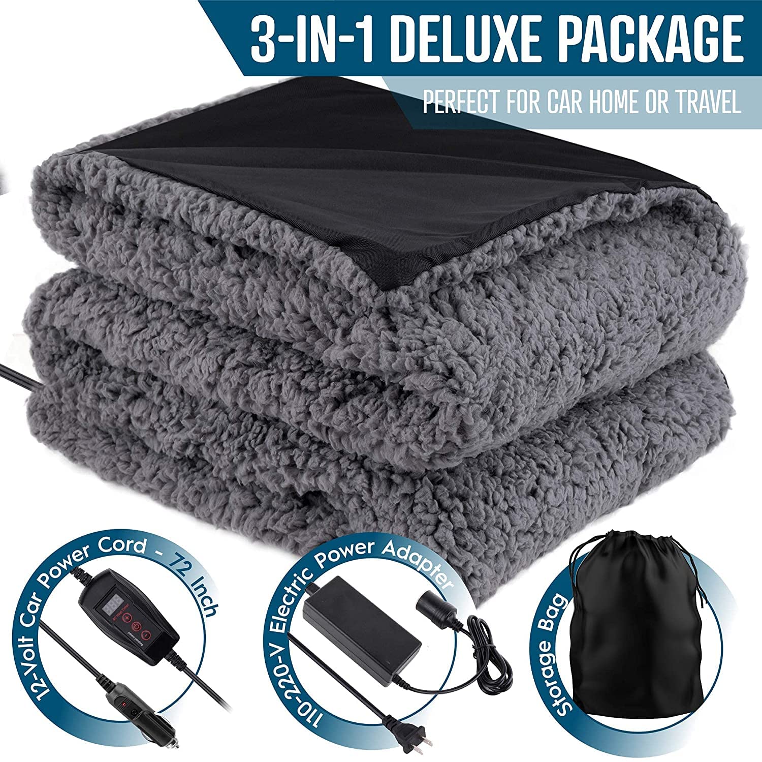 ZONETECH Sherpa fleece warm blanket grey pack for winter travel and camping