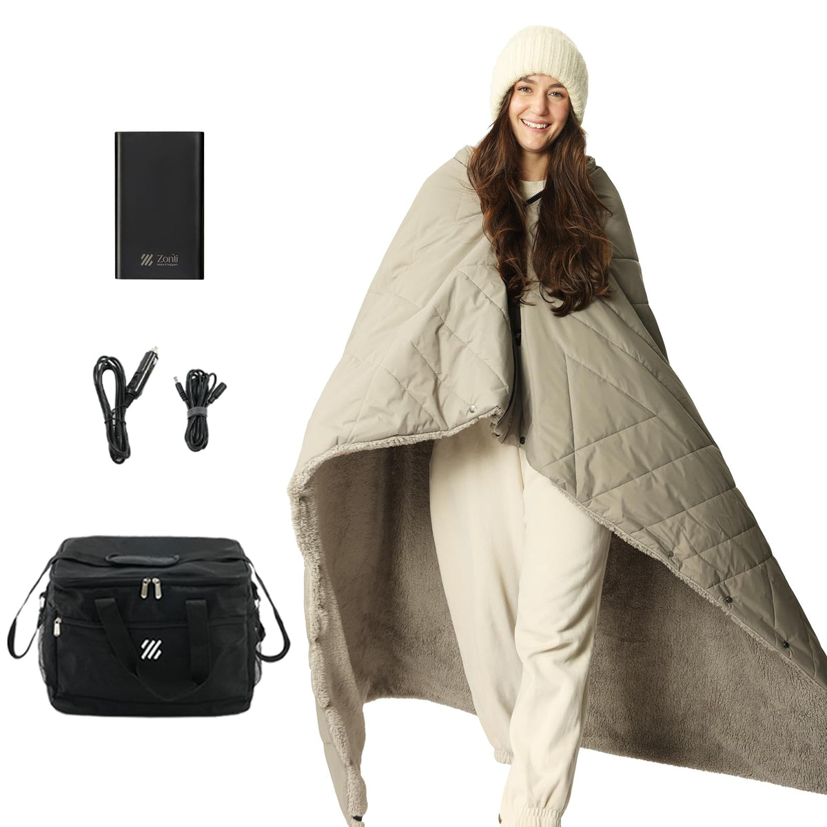 ZonLi Z-Walk blanket worn for wearable warmth during outdoor adventures.