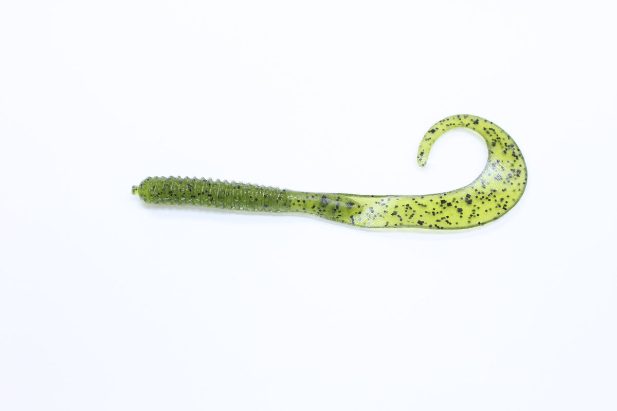 Zoom Bait 8-inch Dead Ringer Watermelon Seed with ringed body and curly tail for grass pocket bass