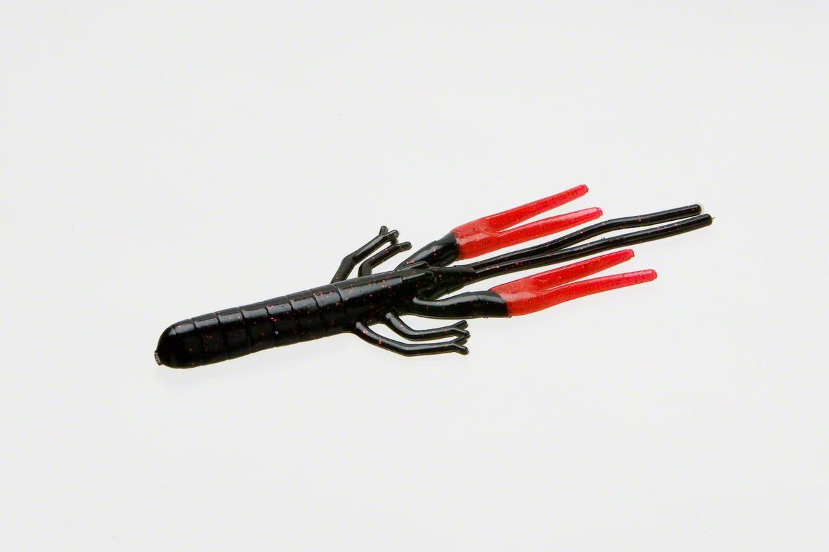 Zoom Bait Big Critter Craw pack of 10 in black-red with red claws; ideal for big bass.