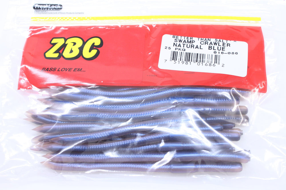 Zoom Bait Swamp Crawler 6-Inch Natural Blue, salt-impregnated for longer holds and better hookups.
