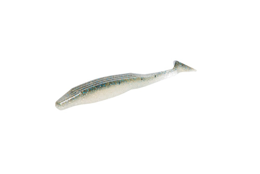 Zoom Bait Swimmin' Super Fluke in Bluegill Flash showing the lifelike kicking tail and full body action for long casts