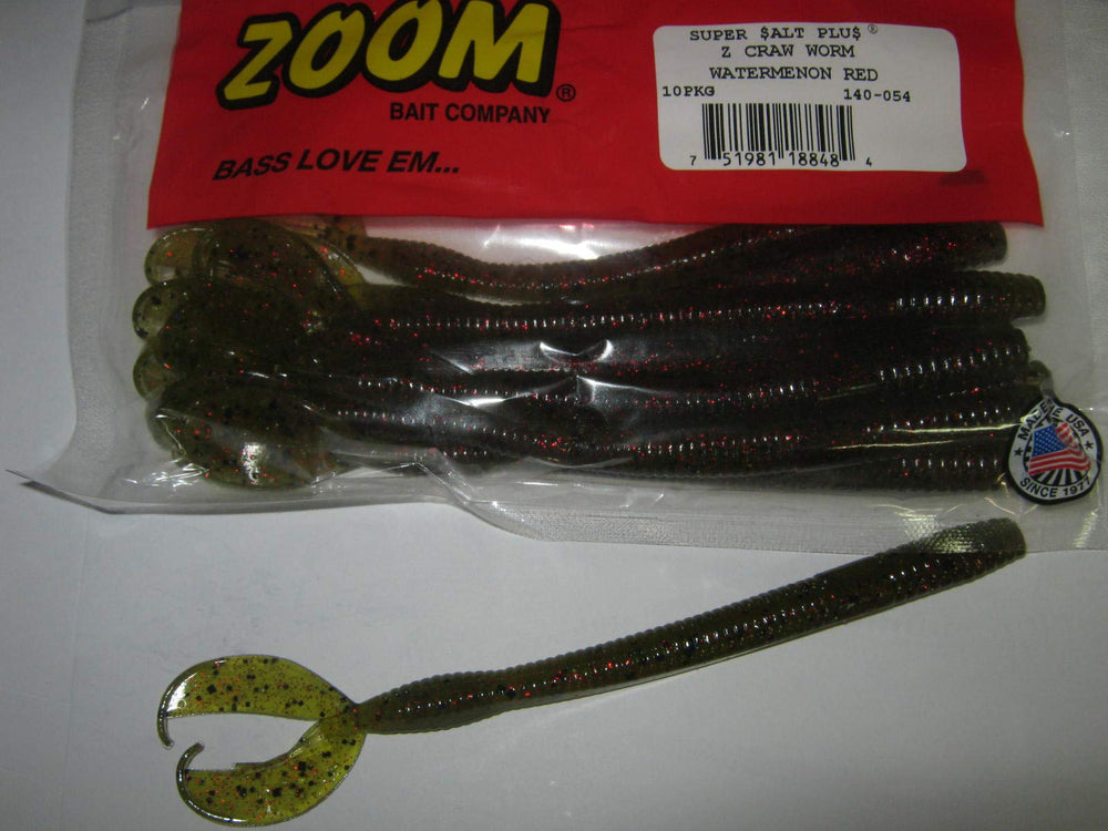 Zoom Bait Z Craw Worm Watermelon Red tail closeup showing enticing strike-ready tail.
