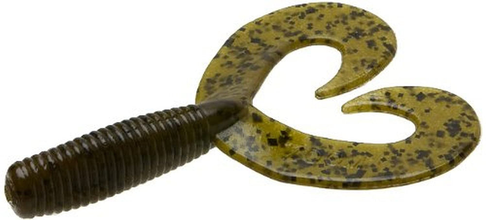 Zoom Fat Albert twin tail bait in green pumpkin, ideal trailer for jig or spinnerbait that attracts bites.