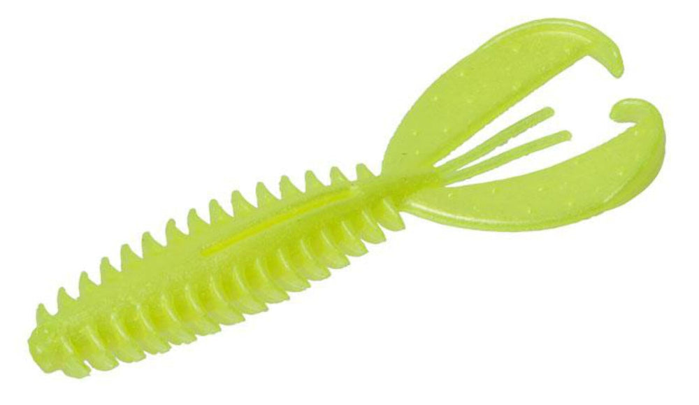 Zoom Z-Craw Chartreuse Pearl 4.5in body highlighting the ribbed texture for bass attraction.