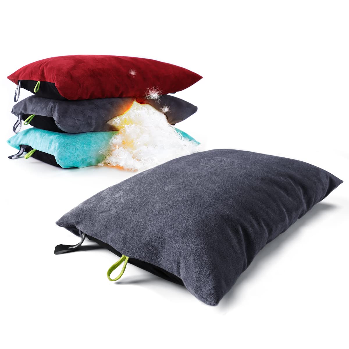 ZOOOBELIVES down pillow compact pack demonstrates portable comfort for travel and camping.