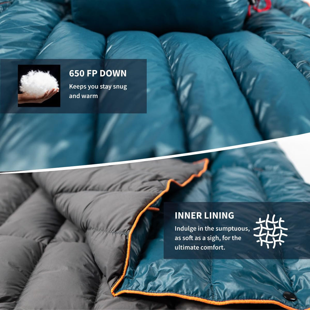 ZOOOBELIVES Ultralight Down Camping Blanket laid on the beach for warmth