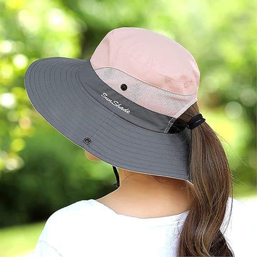 ZOORON women's ponytail safari sun hat back view highlighting the ponytail hole