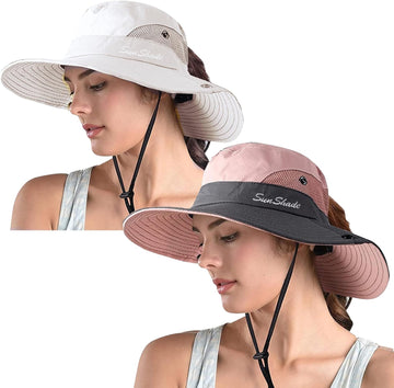 ZOORON women's ponytail safari sun hat front view showing protective wide brim