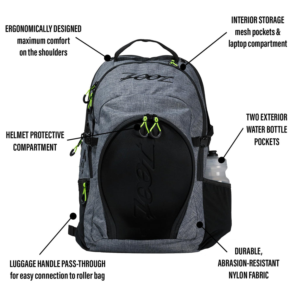 Zoot Ultra Tri Backpack wet compartment keeps damp gear isolated after sessions.