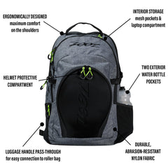Zoot Ultra Tri Backpack wet compartment keeps damp gear isolated after sessions.
