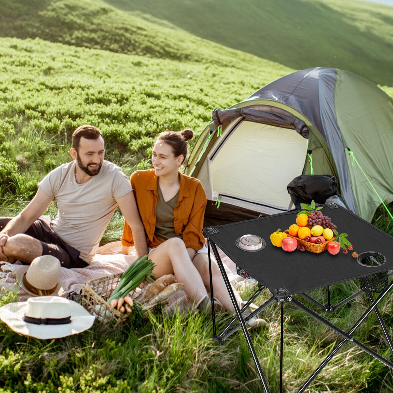 Zorpupoa folding table in-use at the beach shows weather-ready design.