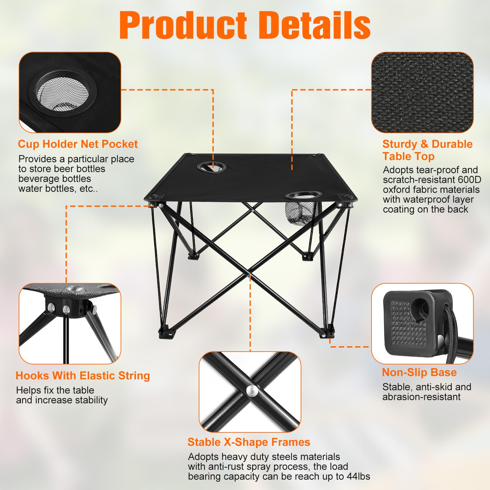 Zorpupoa folding table stable legs image emphasizes reliable support on uneven ground.