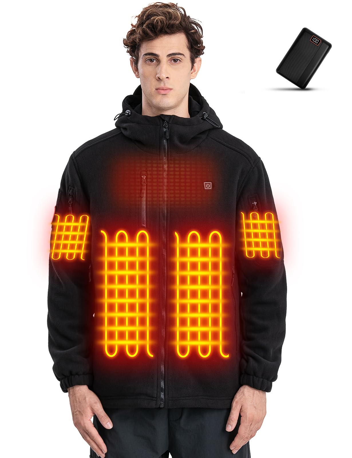 Zorvix heated jacket front view highlights 6 heating zones for all-day warmth
