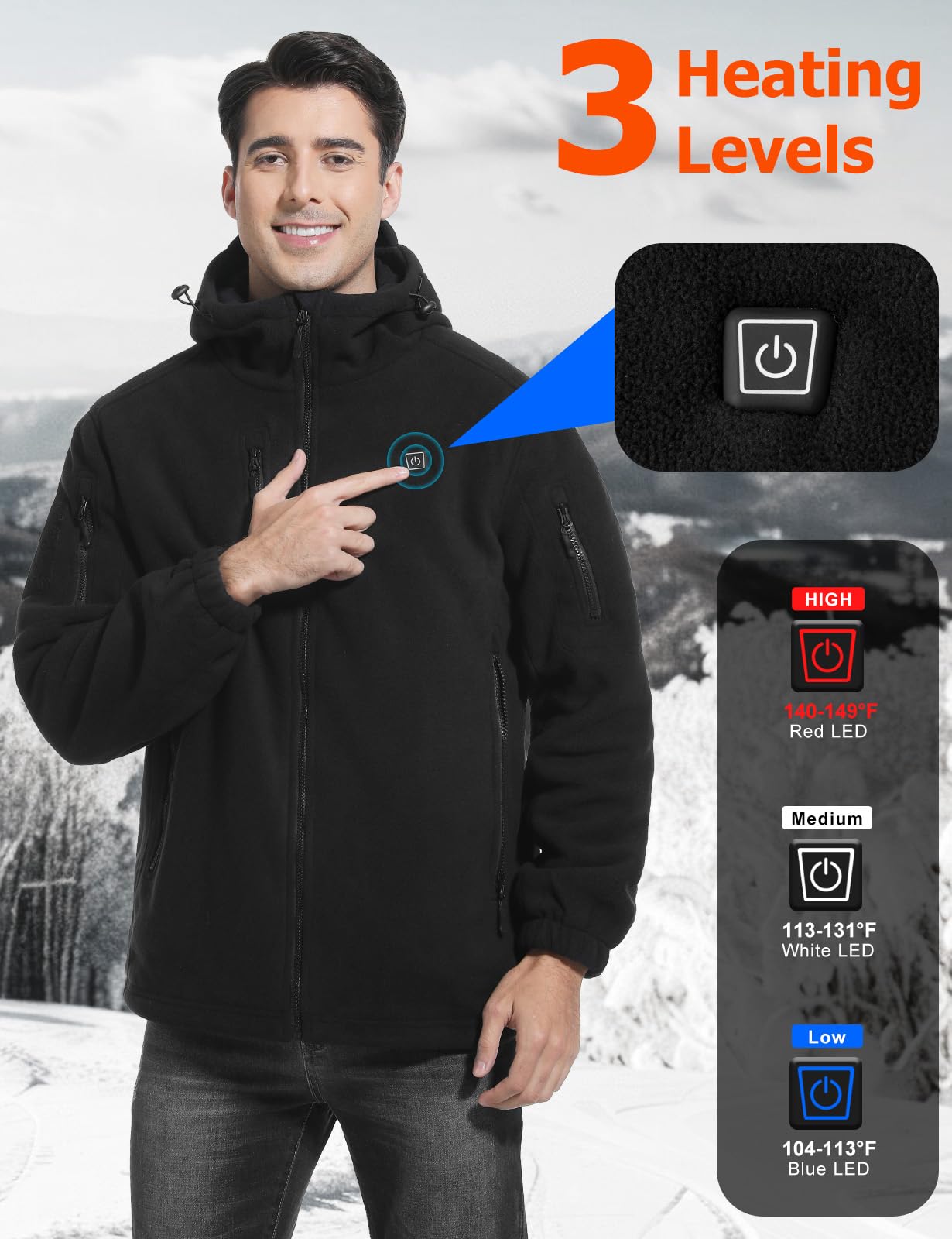 Zorvix heated jacket for men side view shows sleek fleece design and warmth.