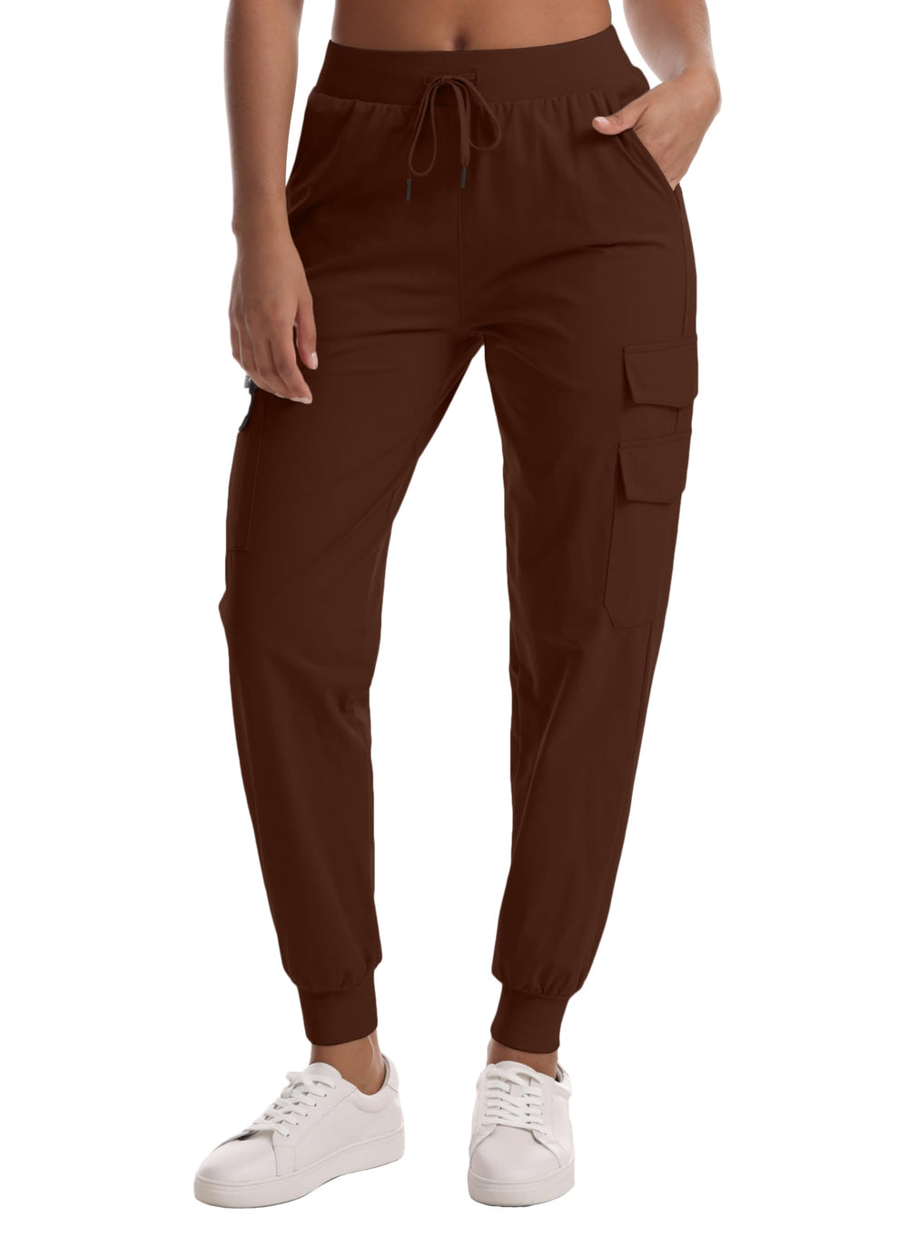 Zsenoxaxi women's water-resistant cargo joggers coffee front view for all-season versatility
