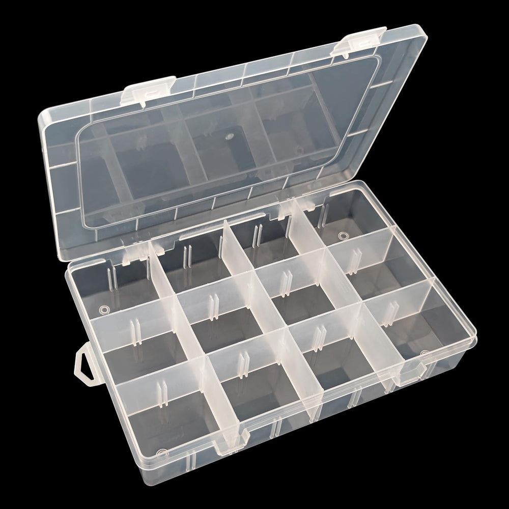Crystal-clear plastic organizer showing visible contents